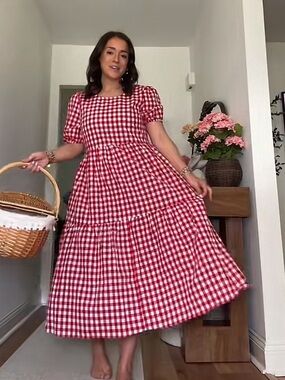 Red Gingham Puff-Sleeve Tiered Midi Dress - Women